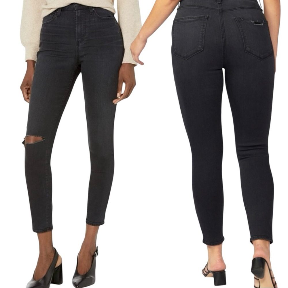 NWT Paige Women's Cheeky Ultra High Rise Ankle Jean Black Pantheon Distressed 34